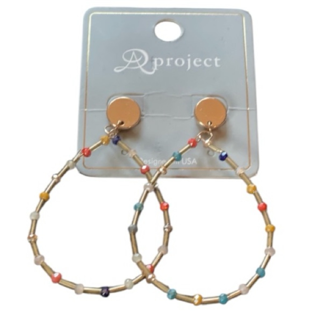 Gold Hoop Earrings with Multi Colored Beads